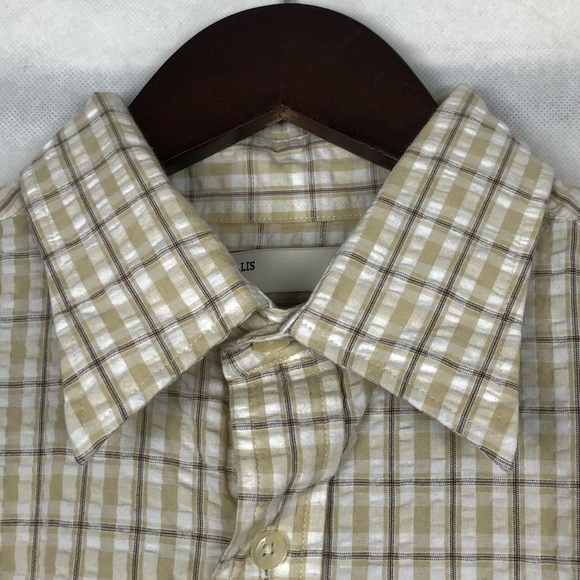Perry Ellis Mens Short Sleeve Button Down Shirt Beige Size Medium Plaid Pocket - Picture 6 of 8